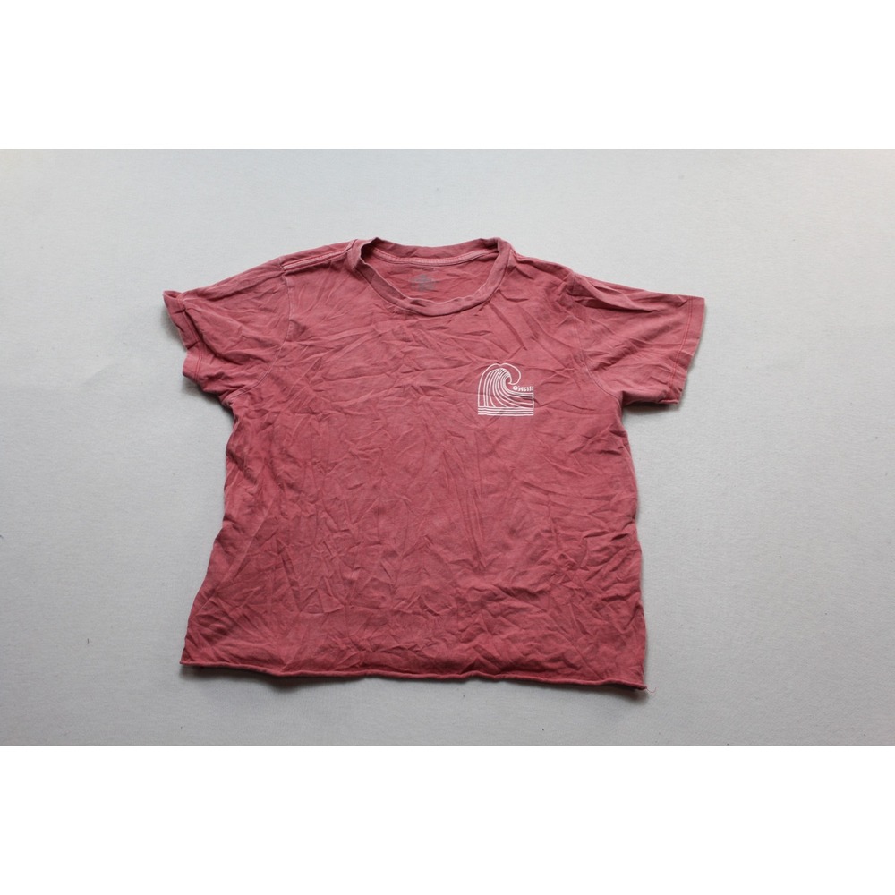 O'Neill Graphic Tee Women Large Red Excellent Wave Print Raw Hem Surf Shirt